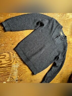 Ribbed Crewneck Button-Placket Sweater in Dark Gray